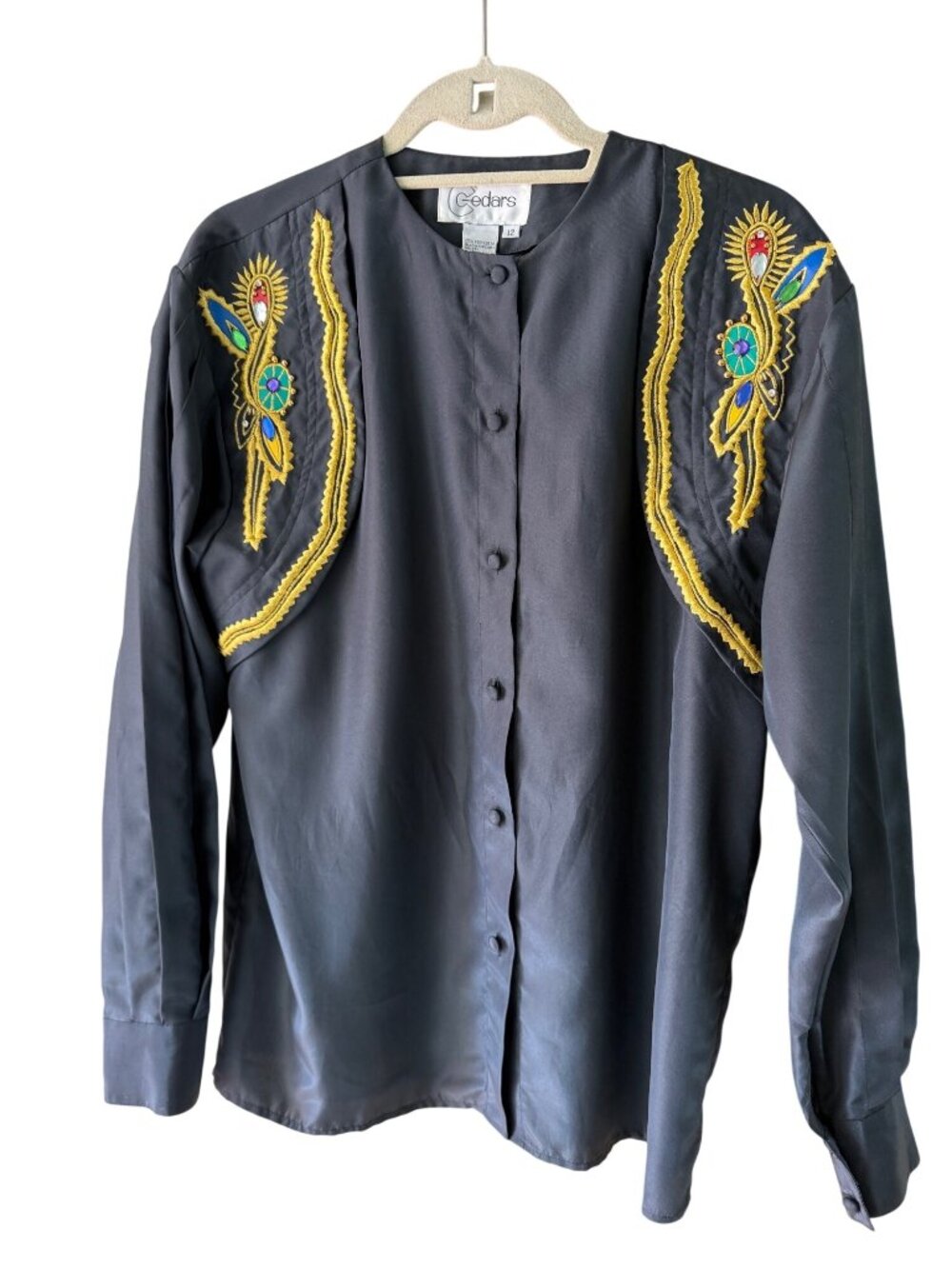 Cedars Womens Embroidered Pleated Blouse Size 12 Black Satin Vintage Western